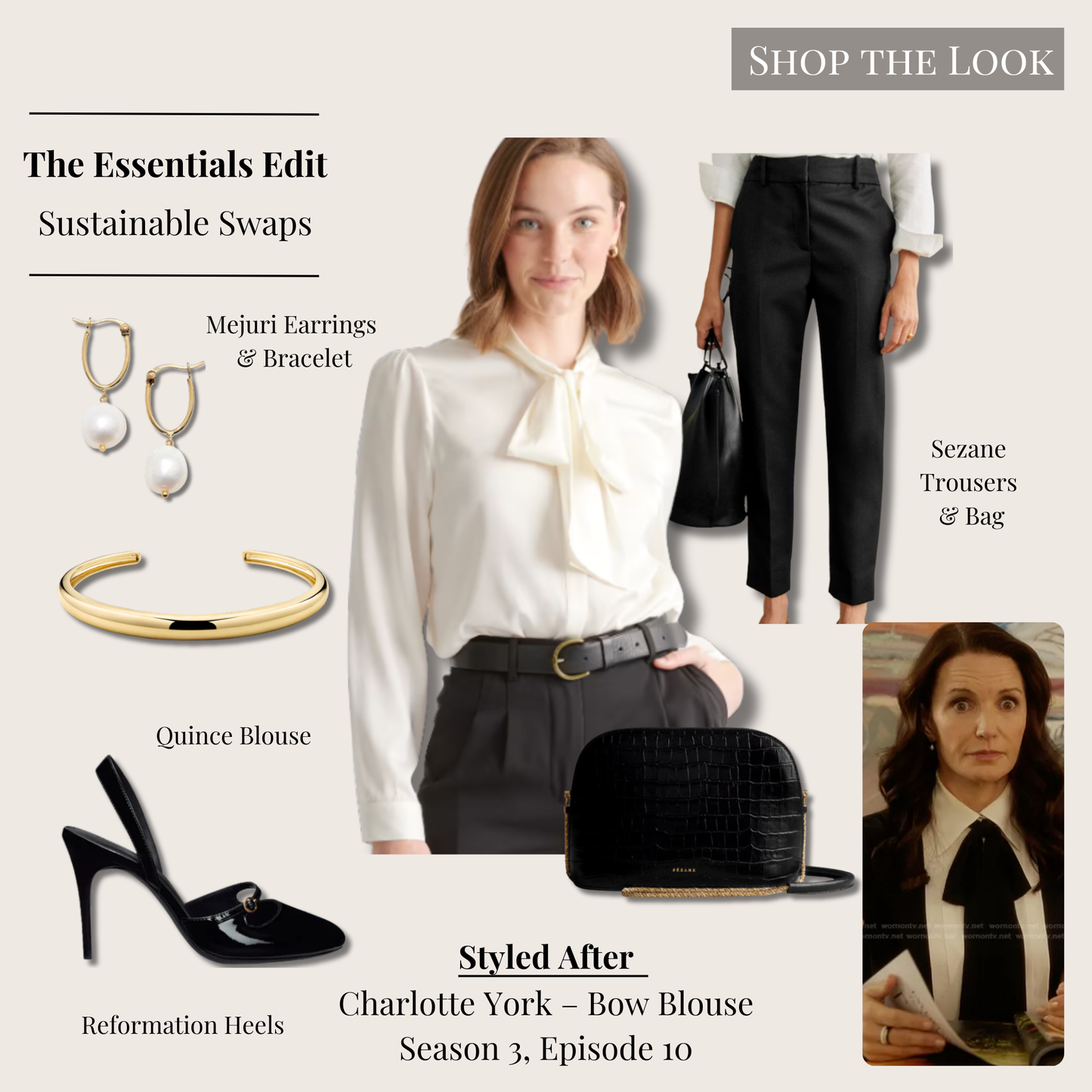 Essentials version of Charlotte York’s black-and-white bow blouse look with ivory tie-neck blouse, black cardigan, tailored trousers, patent pumps, croc bag, and gold jewelry.