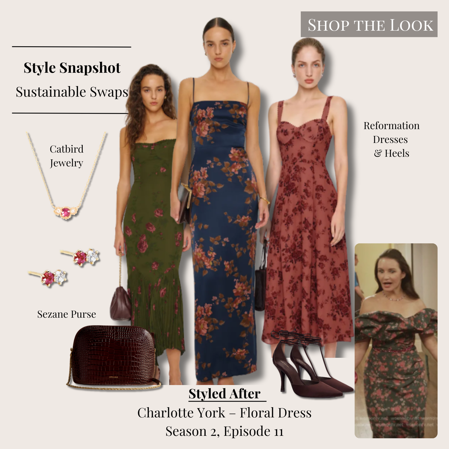Charlotte York inspired floral dress outfit with burgundy, navy, and green floral dress options, satin T-strap heels, ruby and diamond jewelry, and a brown croc shoulder bag.