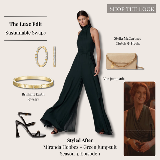 Luxe Miranda Hobbes green jumpsuit outfit with flowing forest-green jumpsuit, black heeled sandals, cream chain crossbody bag, and gold and diamond jewelry.