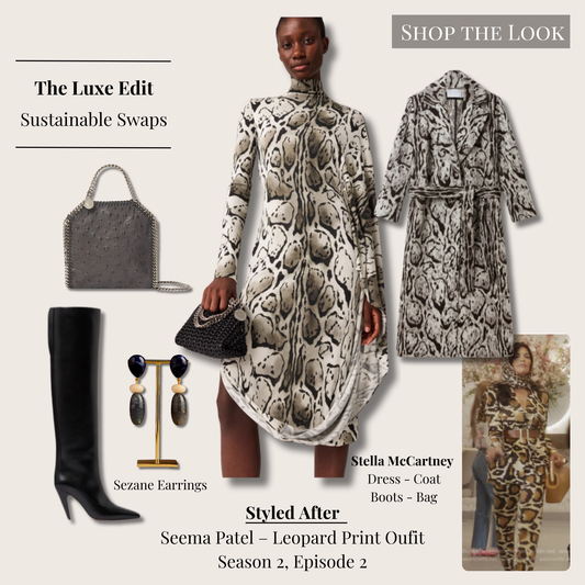 Luxe recreation of Seema Patel’s leopard print look from And Just Like That…, featuring the Stella McCartney Cloud Leopard Print Drape Midi Dress, Stella McCartney Cloud Leopard Jacquard Belted Trench Coat, Stella McCartney Falabella Ostrich Tiny Tote, Stella McCartney Stella Spur black knee-high heeled boots, and Sézane Dany Multi Ocean Blue Earrings arranged in a clean, minimalist editorial layout.