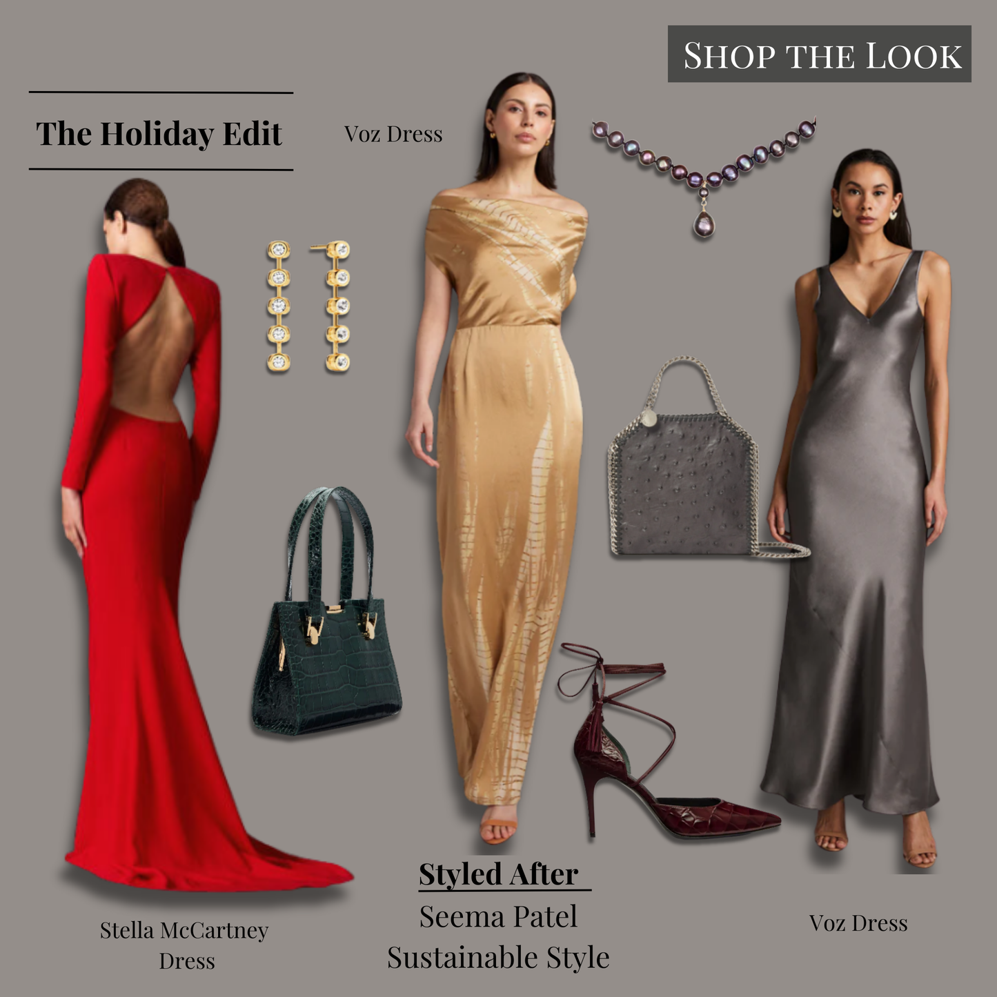Seema Patel–inspired holiday looks from And Just Like That…, featuring the Voz Tie-Dye Convertible Dress in gold, Voz Long Double V Slip Dress in Silver Mink, Stella McCartney backless long-sleeve floor-length dress in lipstick red, Stella McCartney Falabella Ostrich Tiny Tote in slate, Reformation Nara emerald croc shoulder bag, Mejuri Zina gold tennis earrings, Catbird Princess Buttercup Choker in Midnight, and the Reformation Julia Ruby Croc tassel pumps arranged in a clean, minimalist editorial layout.