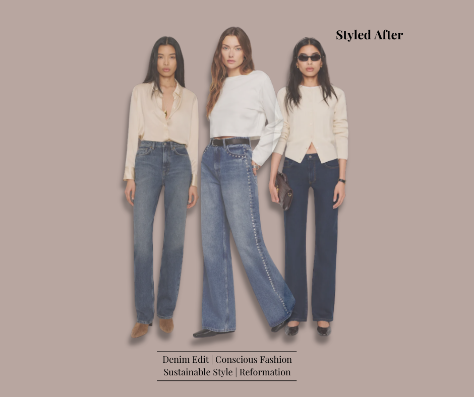 Three denim jeans looks from Reformation, including dark wash jeans, stud embellished jeans, and high rise jeans.