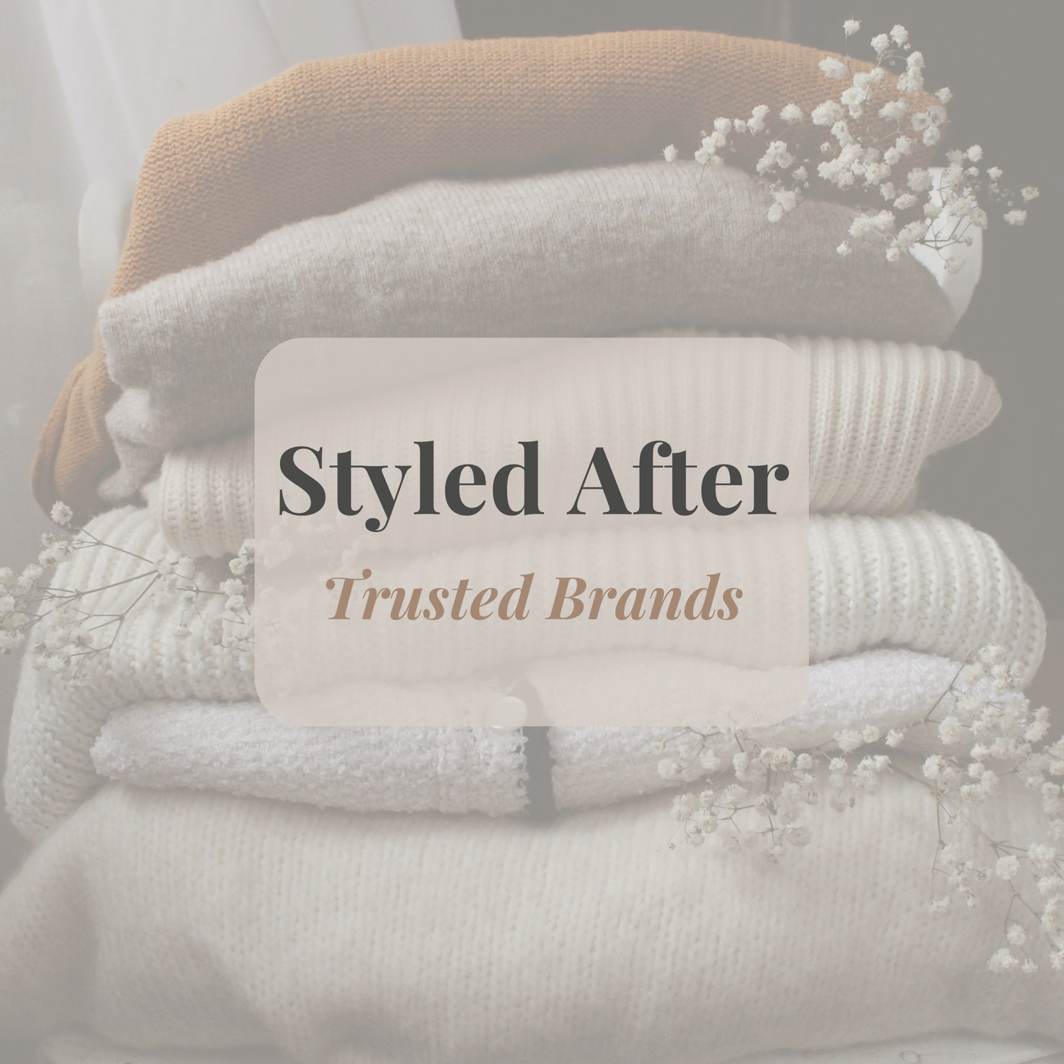 Pile of sweaters in neutral tones featuring Styled After Trust Brands.