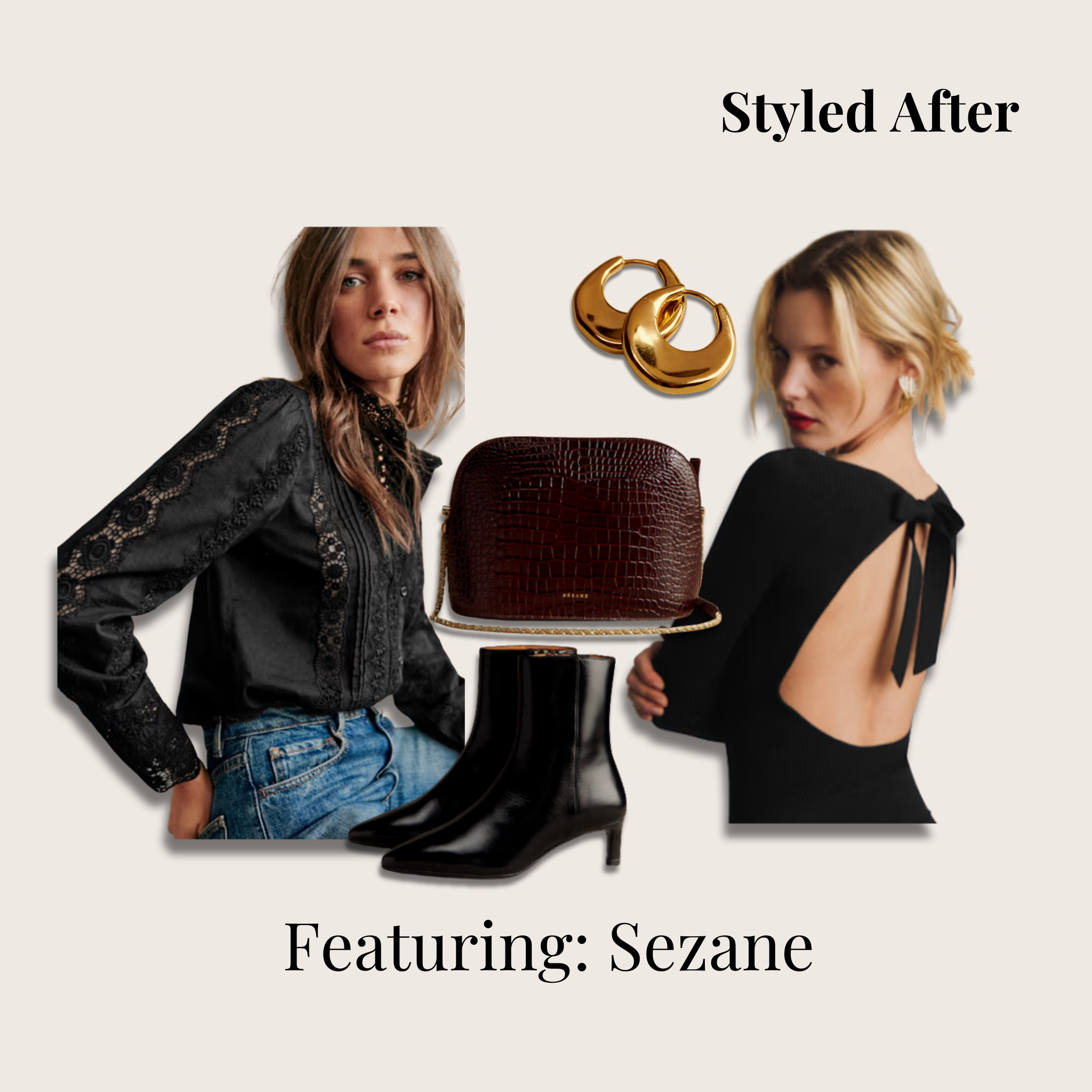 Curated look all from Sezane, black lace top, backless sweater with a bow in black, black ankle boots, gold hoop earrings, and a croc bag in espresso brown.