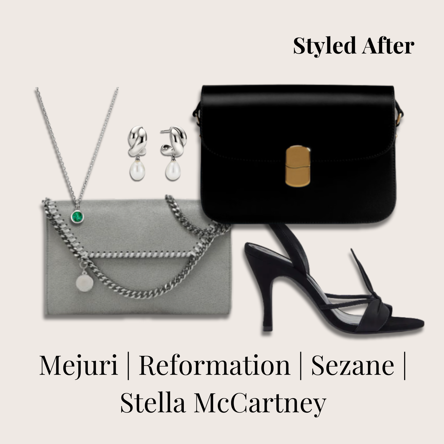 Elegant accessories including a black bag from Sezane, gray bag from Stella McCartney, black evening heels from Reformation, pearl earrings and an emerald necklace from Mejuri.