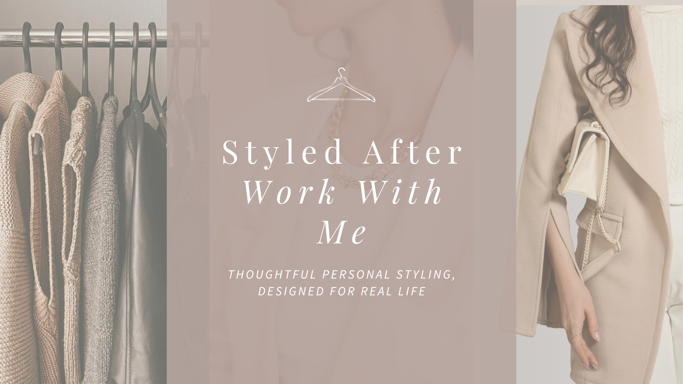 Clothing rack with chic clothes and a professional woman holding a structured bag, with text overlay about styling services.