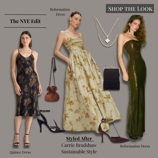 Carrie Bradshaw–inspired New Year’s Eve looks from And Just Like That…, featuring the Reformation Ellison Knit Dress in Green Sparkle, Quince Washable Silk Slip Dress in Caper Eclipse, Reformation Kastoria Dress in Golden Hour, Catbird Slumberous Light Opal Necklace, Reformation Aphrodite Pleated Pouch in Plissé Espresso Satin, Reformation Stassie T-Strap Pumps in Café Satin, Reformation Linda black heeled sandals, Mejuri Diamond Half Tennis Necklace, and the Reformation Skye Mini Bag in black.