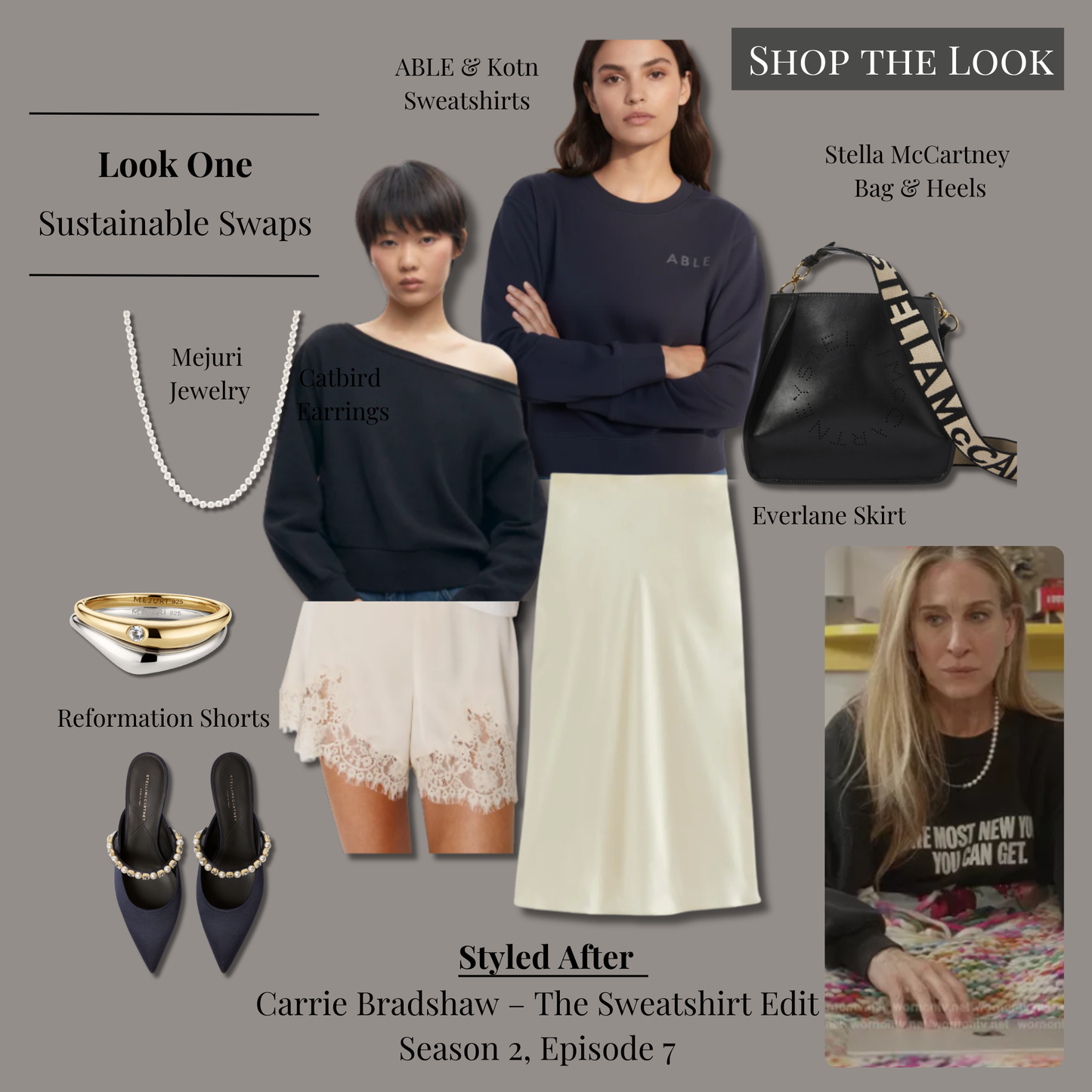 Carrie Bradshaw inspired black sweatshirt outfit with pearl necklace, silk skirt, satin heels, black crossbody bag, and mixed-metal jewelry.