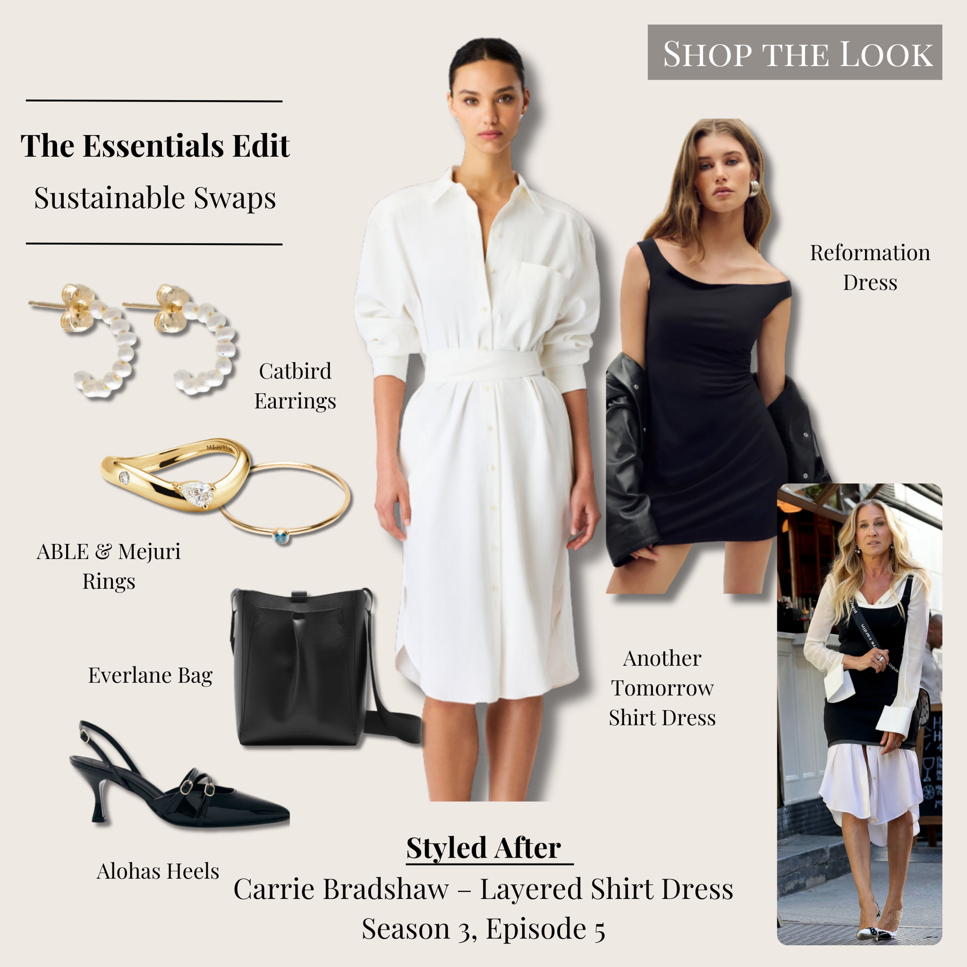 Essentials version of Carrie Bradshaw’s layered shirt dress outfit with off-white shirt dress, black knit dress, patent pumps, black mini bag, and pearl hoops.