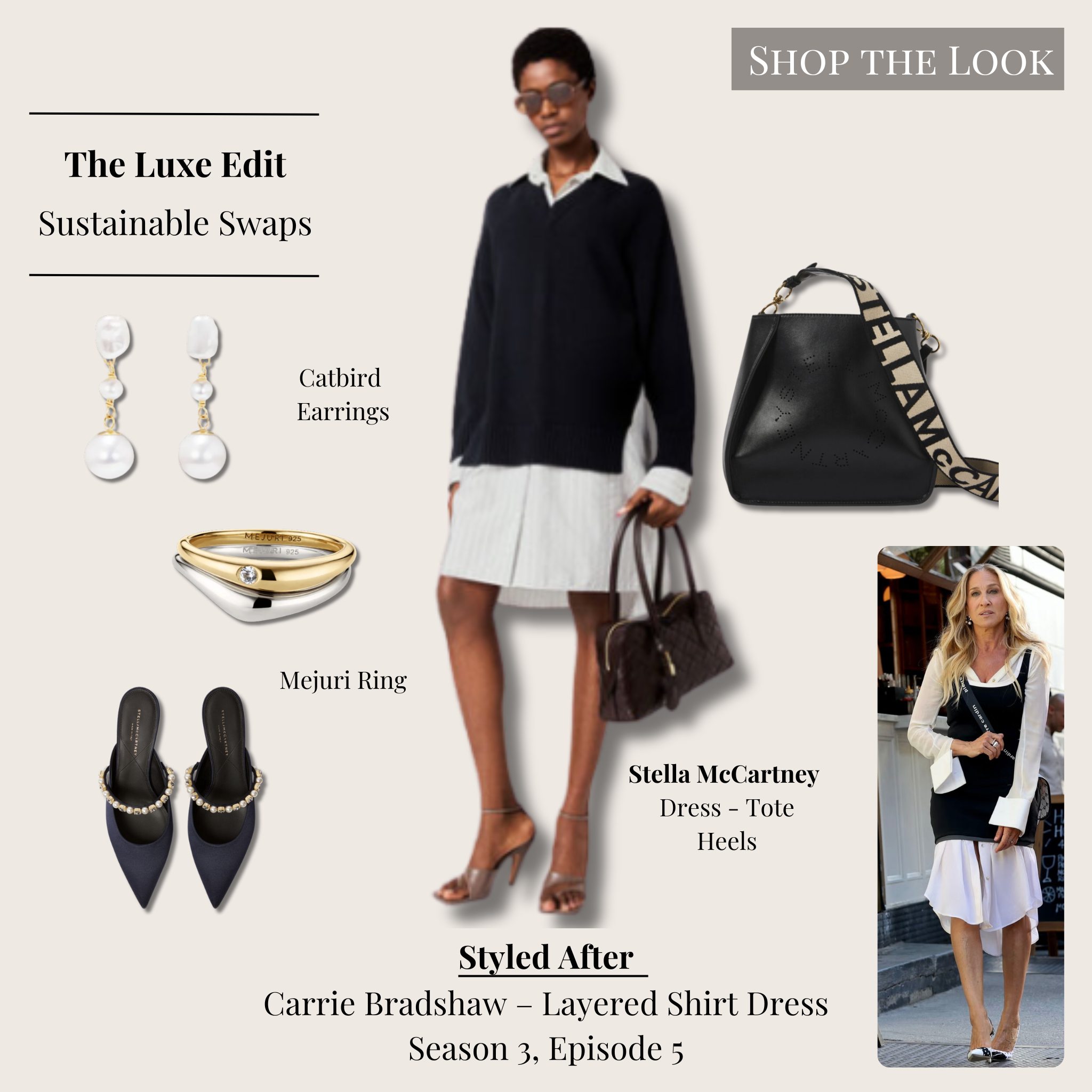 Luxe Carrie Bradshaw layered shirt dress outfit with white and navy shirt dress, black crossbody bag, pearl kitten heels, and pearl drop earrings.
