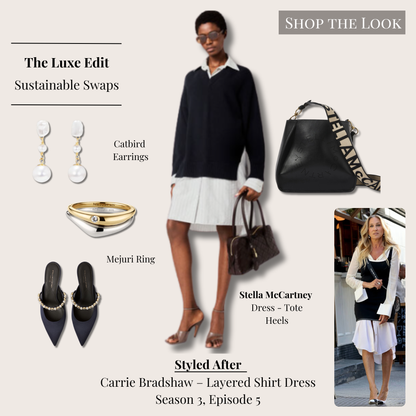 Luxe Carrie Bradshaw layered shirt dress outfit with white and navy shirt dress, black crossbody bag, pearl kitten heels, and pearl drop earrings.