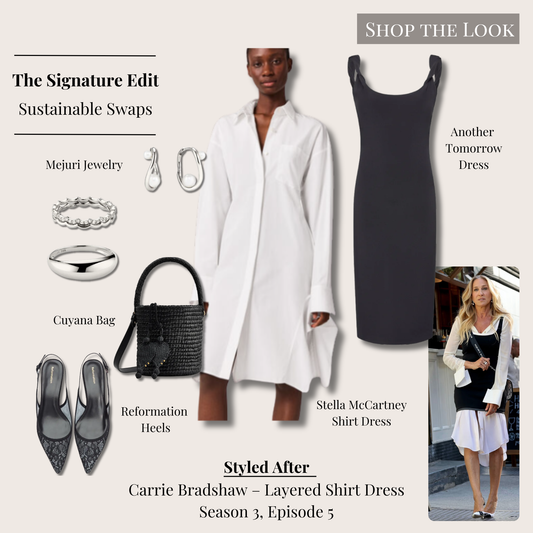 Signature Carrie Bradshaw look featuring white shirt dress layered under black sleeveless dress, black bucket bag, lace slingback heels, and pearl jewelry.