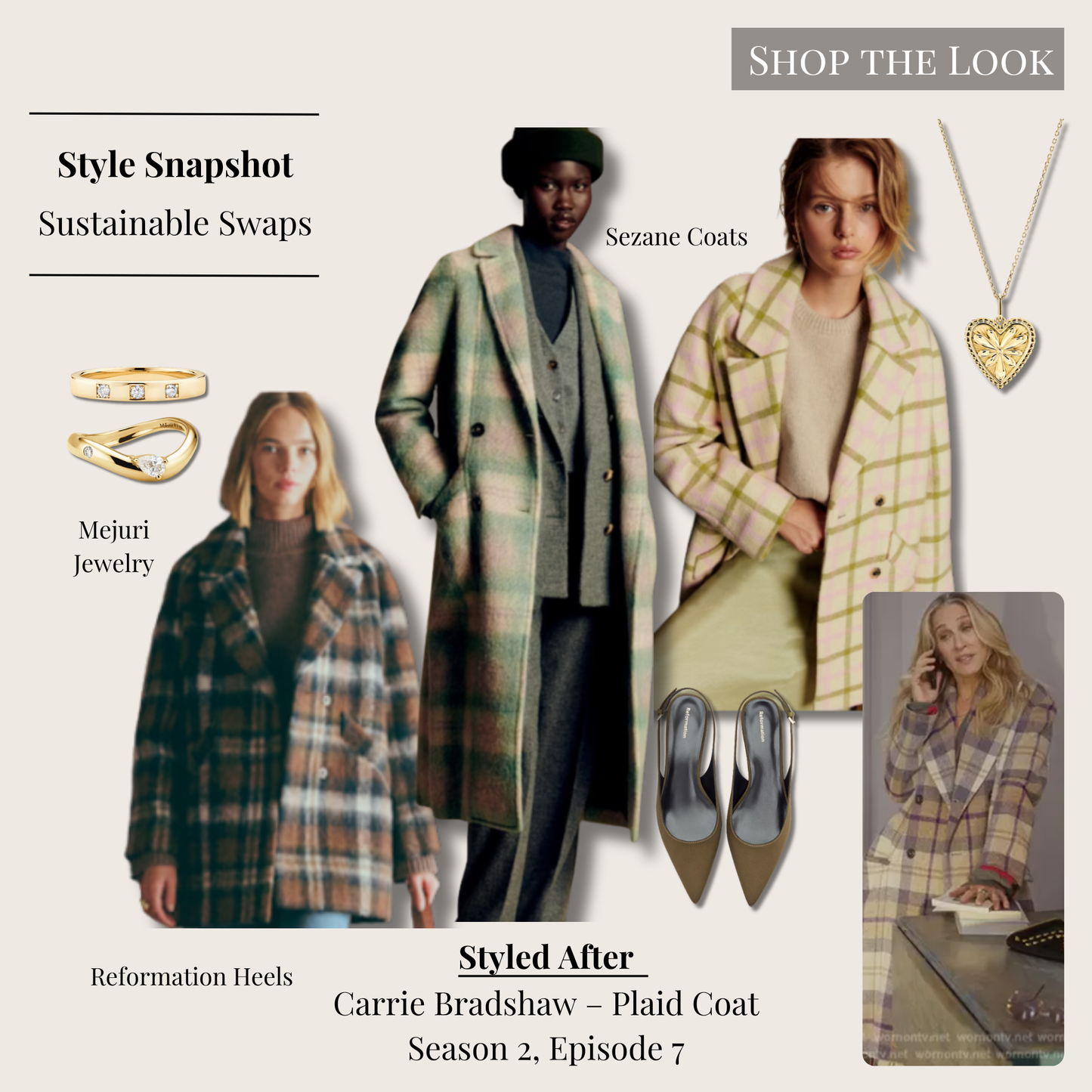 Carrie Bradshaw inspired plaid coat outfit with pink, beige, and blue check coat options, green slingback heels, and gold jewelry accessories.