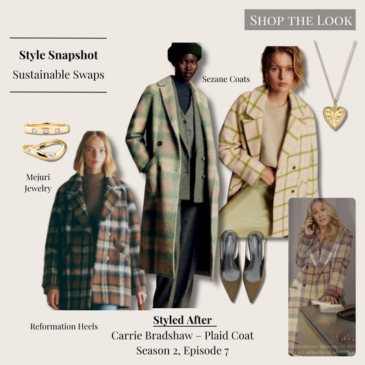 Carrie Bradshaw inspired plaid coat outfit with pink, beige, and blue check coat options, green slingback heels, and gold jewelry accessories.