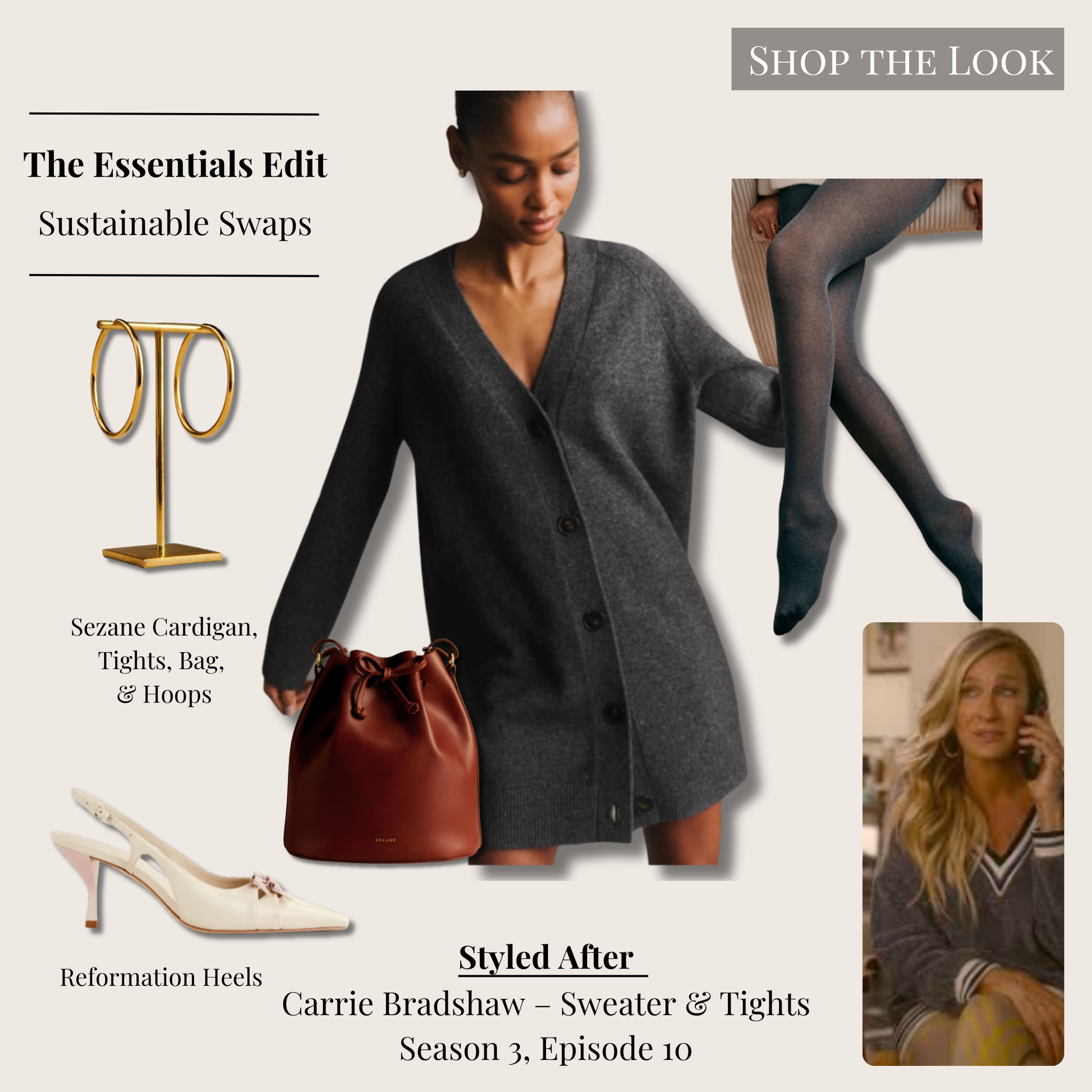 Essentials version of Carrie Bradshaw’s sweater and tights outfit with charcoal knit dress, opaque tights, gold hoop earrings, brown shoulder bag, and neutral slingback heels.