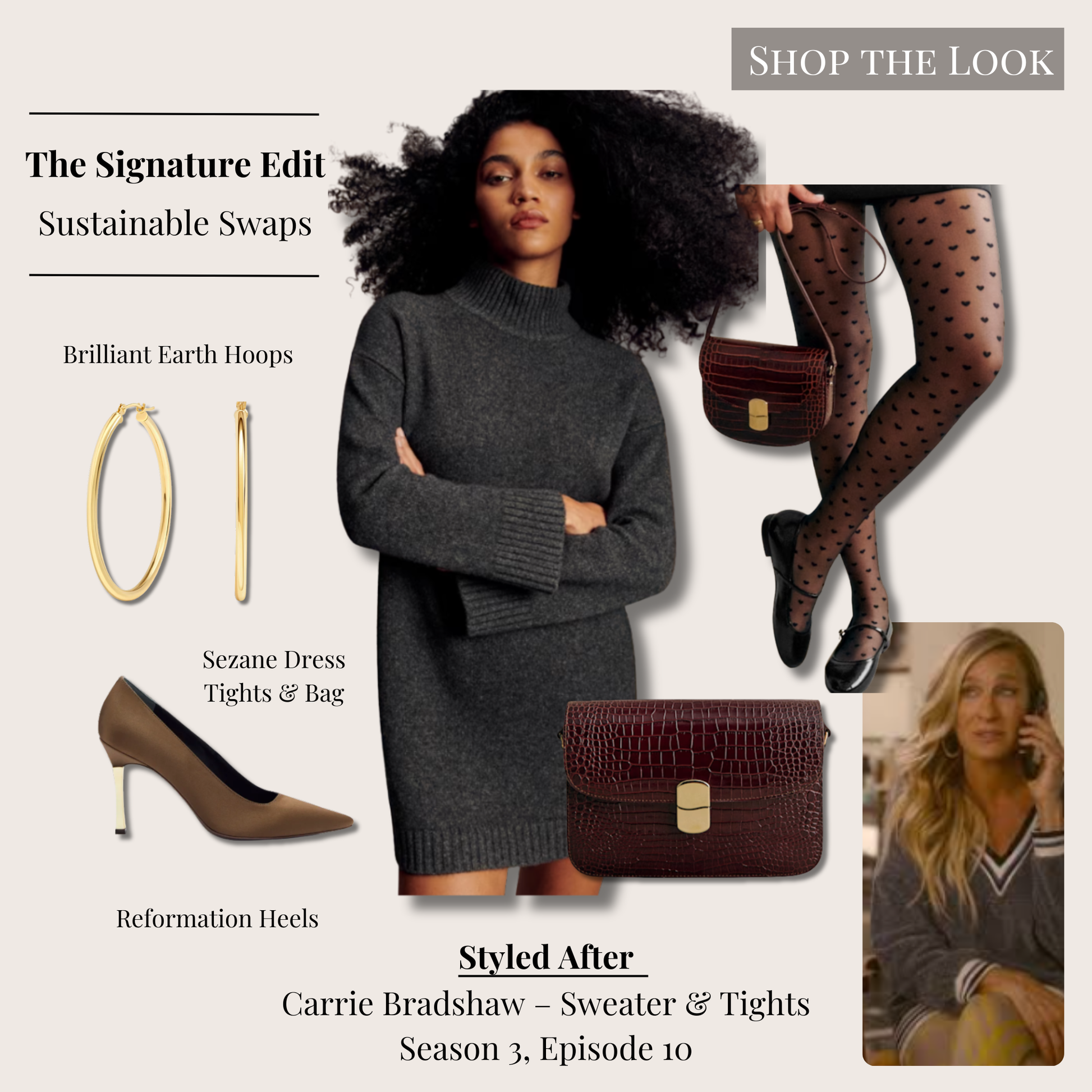 Signature Carrie Bradshaw sweater and tights look with charcoal dress, black patterned tights, gold hoop earrings, croc-print shoulder bag, and satin heeled pumps.