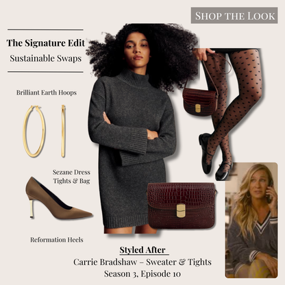 Signature Carrie Bradshaw sweater and tights look with charcoal dress, black patterned tights, gold hoop earrings, croc-print shoulder bag, and satin heeled pumps.