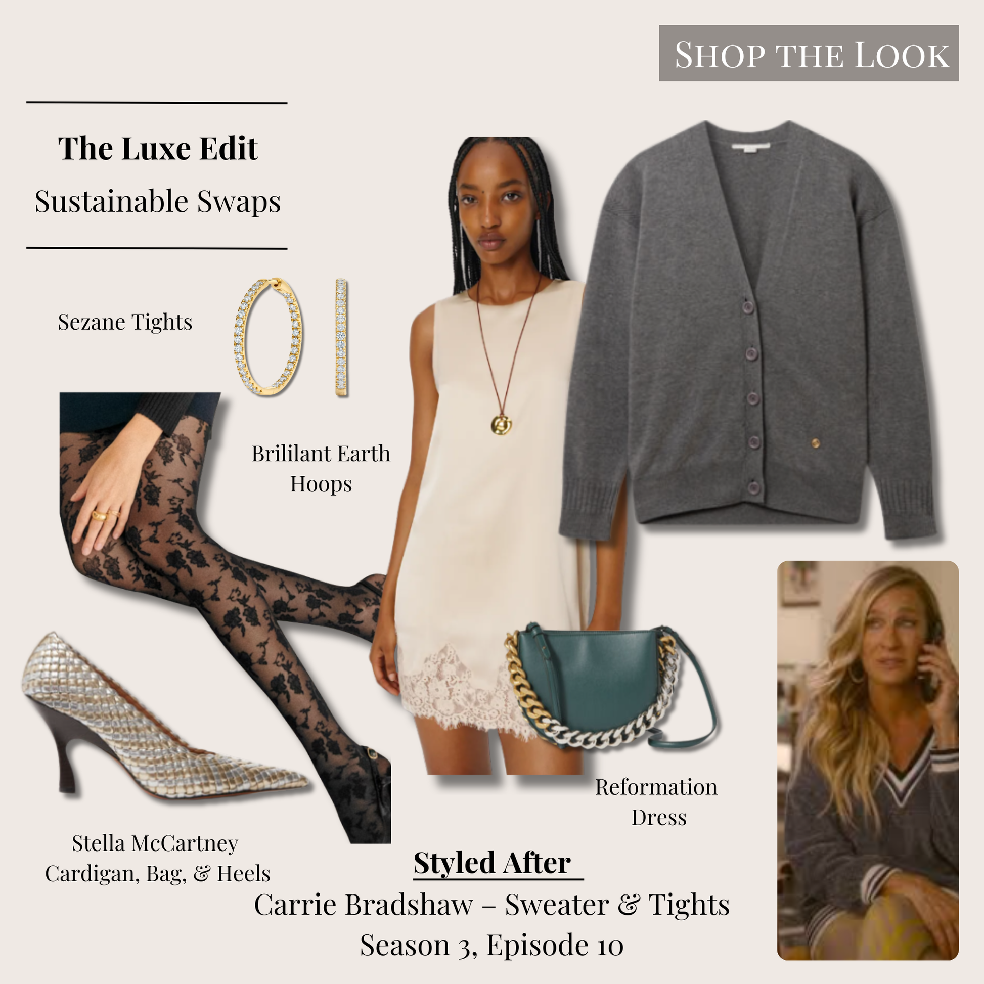 Luxe Carrie Bradshaw–inspired sweater and tights outfit featuring grey cardigan layered over silk dress, floral patterned black tights, metallic heels, statement teal shoulder bag, and gold diamond hoop earrings.