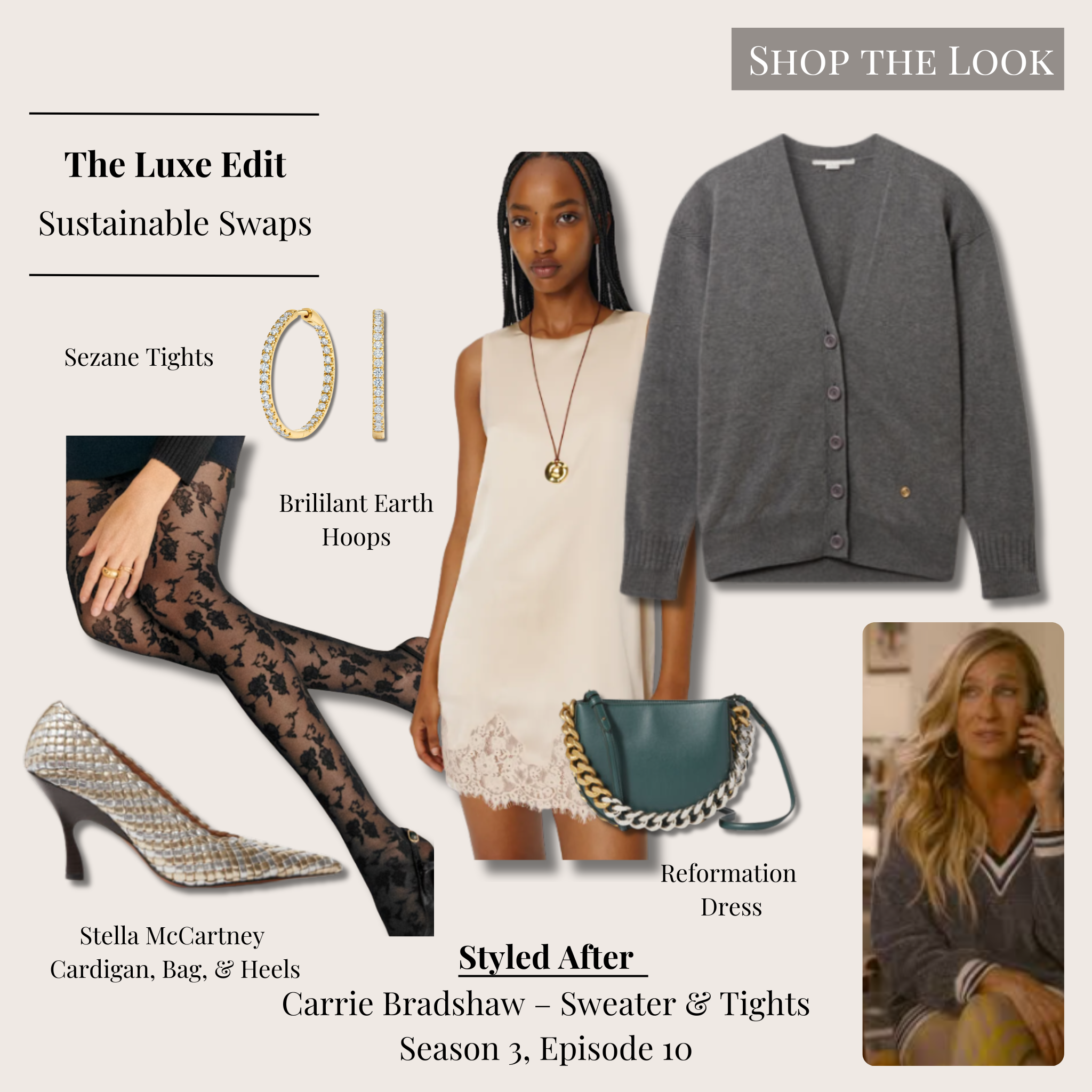 Luxe Carrie Bradshaw–inspired sweater and tights outfit featuring grey cardigan layered over silk dress, floral patterned black tights, metallic heels, statement teal shoulder bag, and gold diamond hoop earrings.