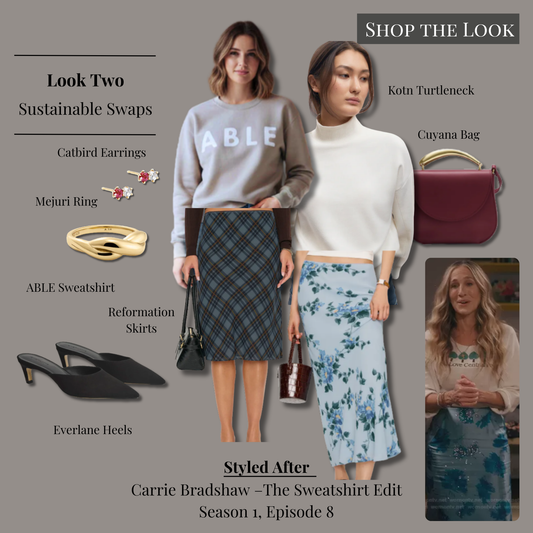 Carrie Bradshaw sweatshirt outfit with light sweatshirt, blue skirt, black kitten heels, red shoulder bag, and ruby stud earrings.