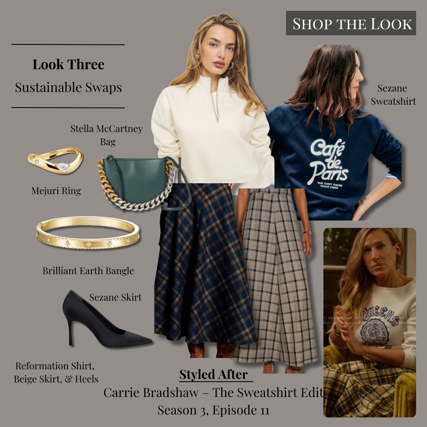 Carrie Bradshaw inspired sweatshirt and plaid skirt outfit with navy sweatshirt, check skirt, black satin heels, green shoulder bag, and gold jewelry.