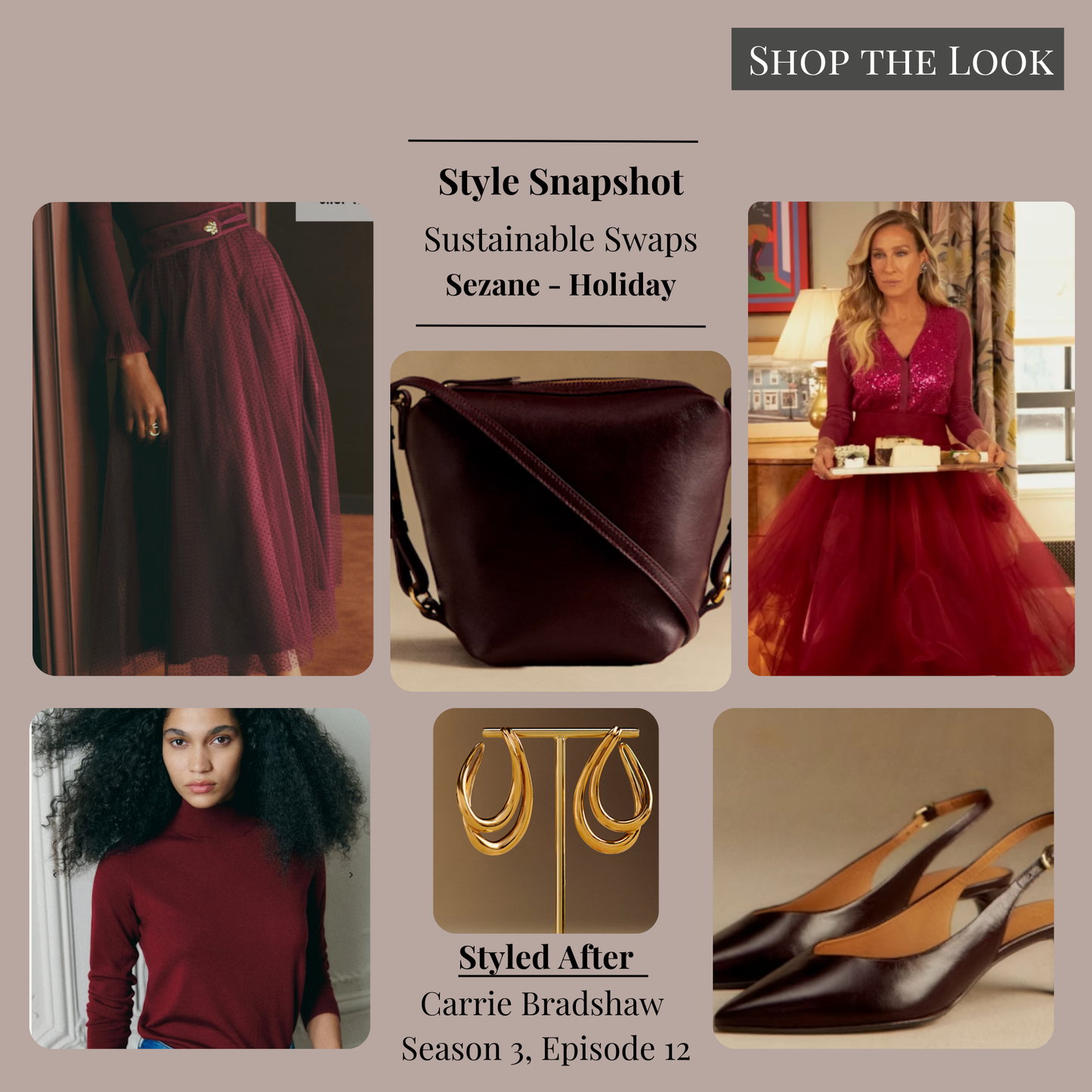 Burgundy holiday Style Snapshot inspired by Carrie Bradshaw with elegant movement, rich color, and refined Sézane accessories.