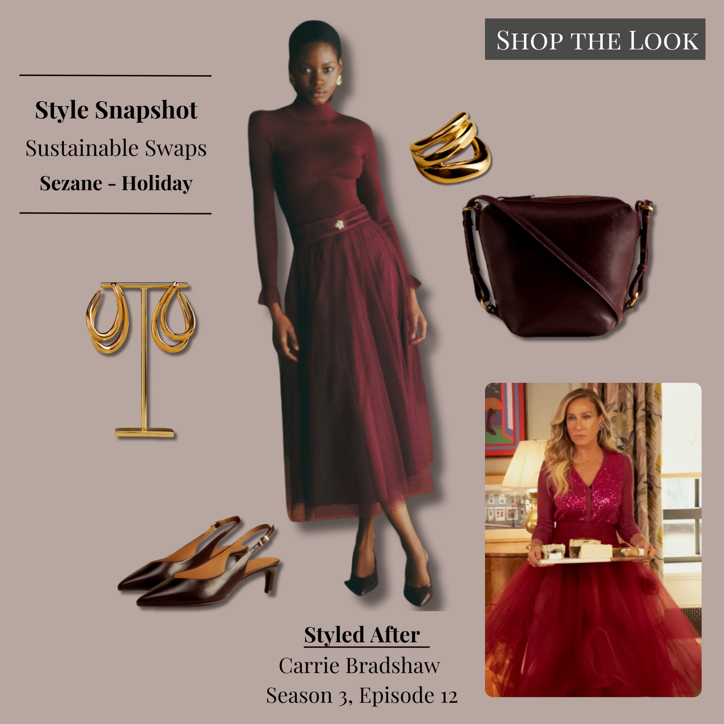 Carrie Bradshaw inspired burgundy holiday outfit from AJLT featuring a tonal burgundy skirt and jumper, coordinating heels, structured bag, and gold jewelry.