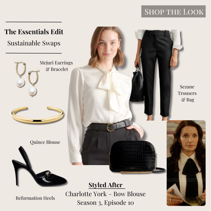 Essentials version of Charlotte York’s black-and-white bow blouse look with ivory tie-neck blouse, black cardigan, tailored trousers, patent pumps, croc bag, and gold jewelry.