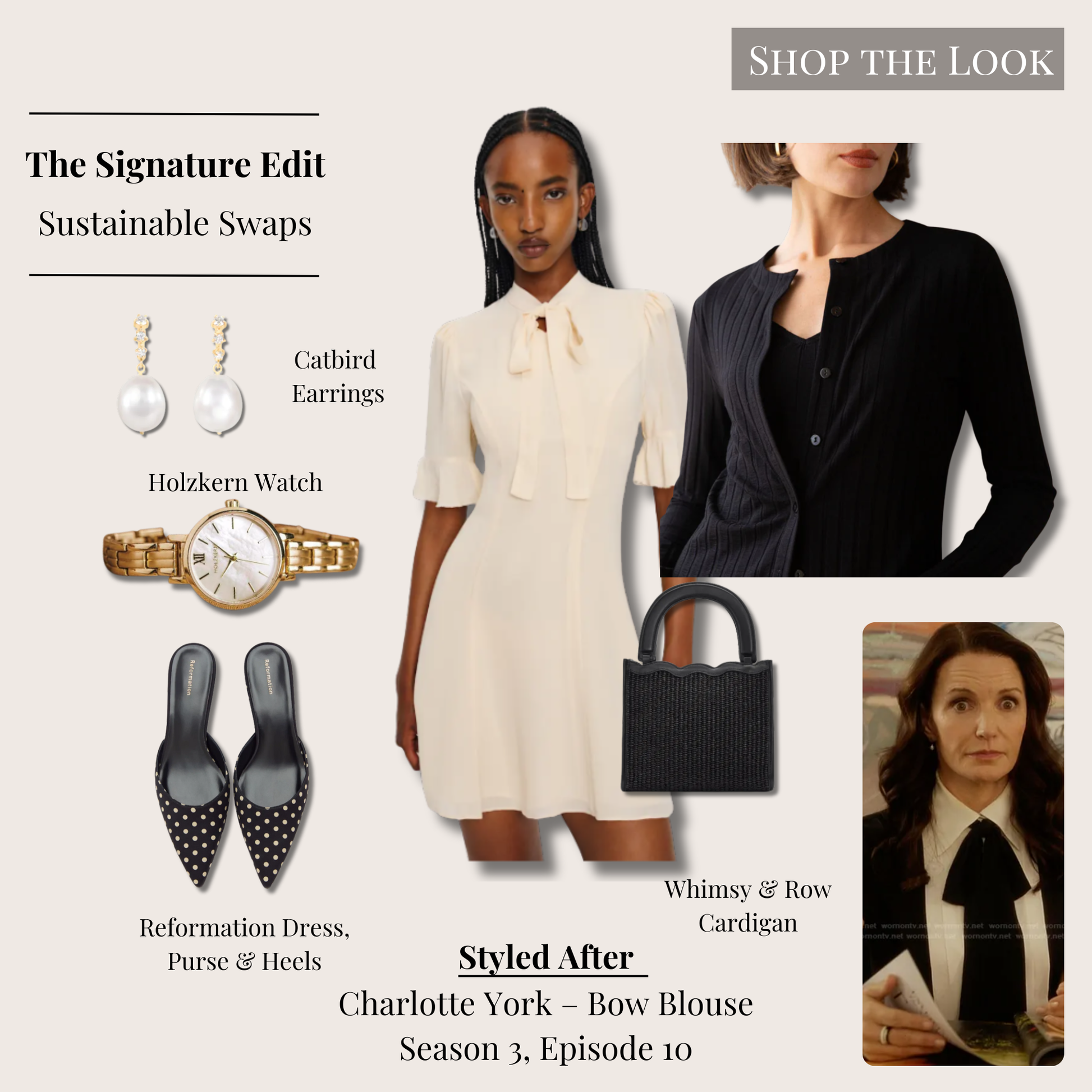Signature Charlotte York inspired look featuring ivory dress, black cardigan, polka-dot kitten mules, raffia mini bag, gold watch, and pearl drop earrings.