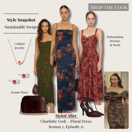 Charlotte York inspired floral dress outfit with burgundy, navy, and green floral dress options, satin T-strap heels, ruby and diamond jewelry, and a brown croc shoulder bag.