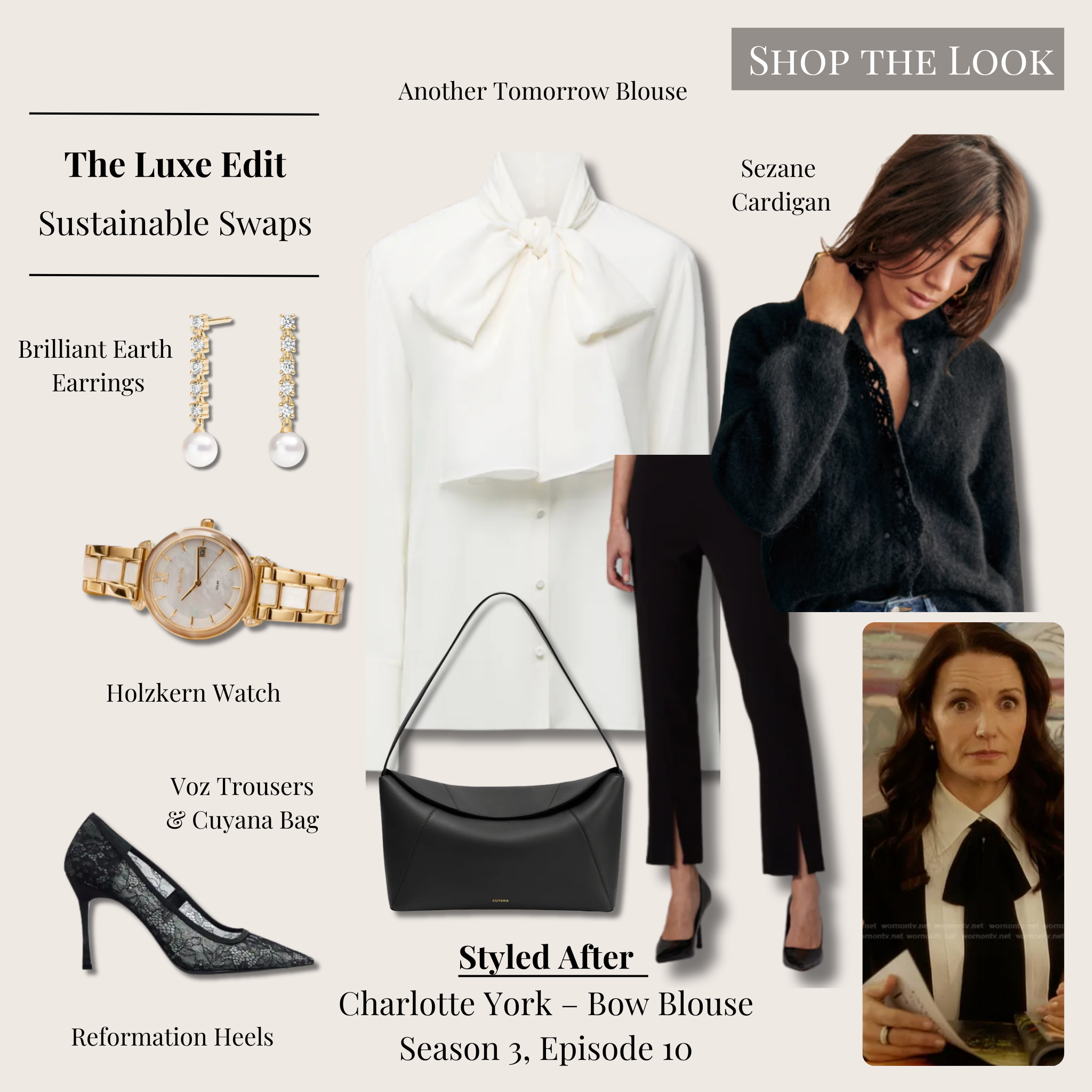 Luxe Charlotte York black-and-white bow blouse outfit with ivory bow blouse, black cardigan, tailored trousers, lace pumps, structured bag, gold watch, and pearl earrings.