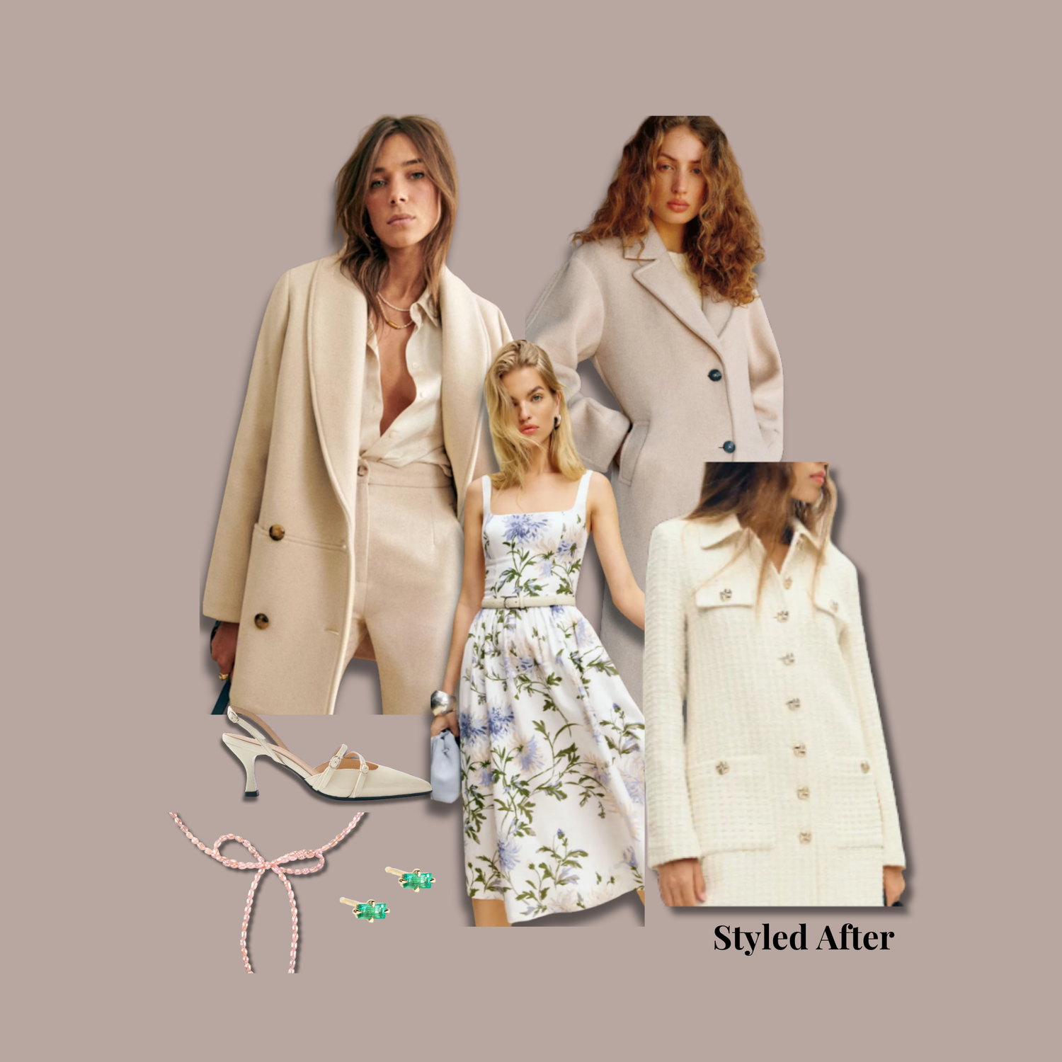 Editorial curation including a floral dress by Reformation, ivory coats by Sezane and Reformation, delicate colorful accessories all inspired by Charlotte York in And Just Like That, curated by Styled After.