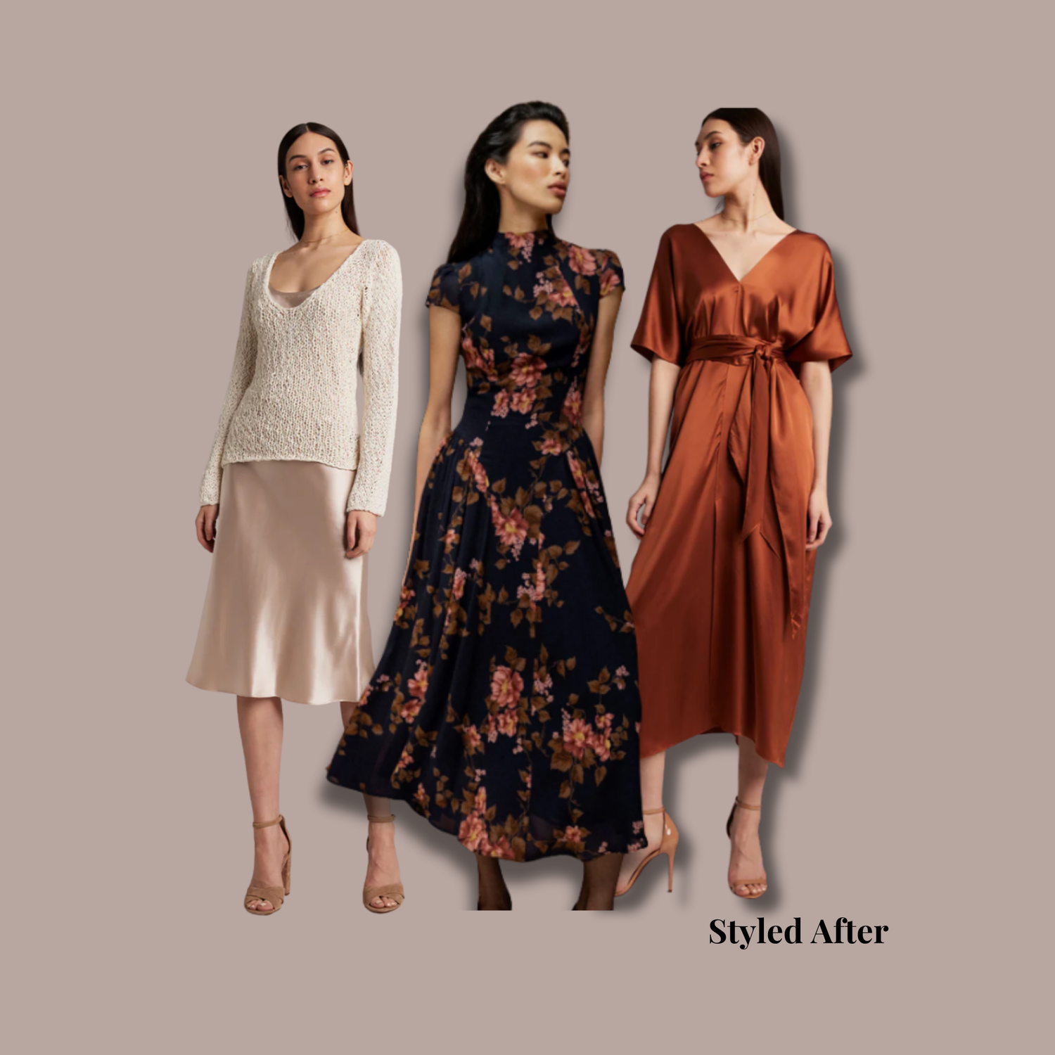 Autumn inspired colors, rich textures including silk, wool, and velvet dresses by Voz Fashion and Reformation, inspired by looks from And Just Like That, curated by Styled After.