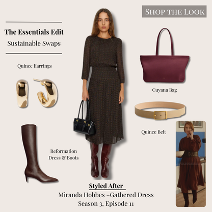 Essentials recreation of Miranda Hobbes’s gathered dress look from And Just Like That…, featuring the Reformation Sabra Dress in Façade Black, Reformation Remy stretch knee boots in Espresso, Quince Siena Belt in Mushroom, Cuyana Small Easy Zipper Tote in Cherry, and Quince chunky gold hoops presented in a clean, minimalist arrangement.