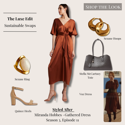 Luxe recreation of Miranda Hobbes’s gathered dress look from And Just Like That…, featuring the Voz Kaftan Dress in Rust, Quince Italian Leather Block Sandal in Cashew, Stella McCartney Ryder Ostrich Laptop Tote in Slate, Sézane Raja Mother-of-Pearl Ring, and Sézane Pablo gold earrings arranged in a clean, minimalist editorial layout.