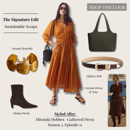 Signature recreation of Miranda Hobbes’s gathered dress look from And Just Like That…, styled with the Cuyana Tencel Gathered Panel Dress in Saffron, Alohas Ambar sueded brown ankle boots, Quince Elissa Triple Keeper Belt in Espresso, Cuyana System Zipper Tote in Dark Olive, and the Sézane Travis gold bracelet in a polished editorial layout.