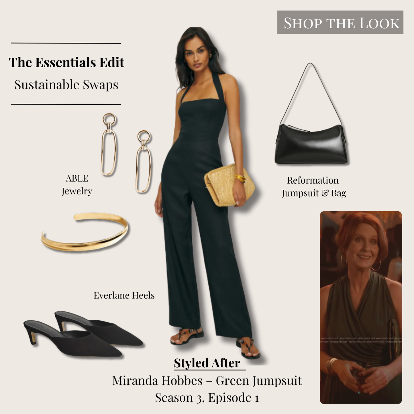 Essentials version of Miranda Hobbes’ jumpsuit look with black linen jumpsuit, black shoulder bag, kitten heels, and gold-silver jewelry.