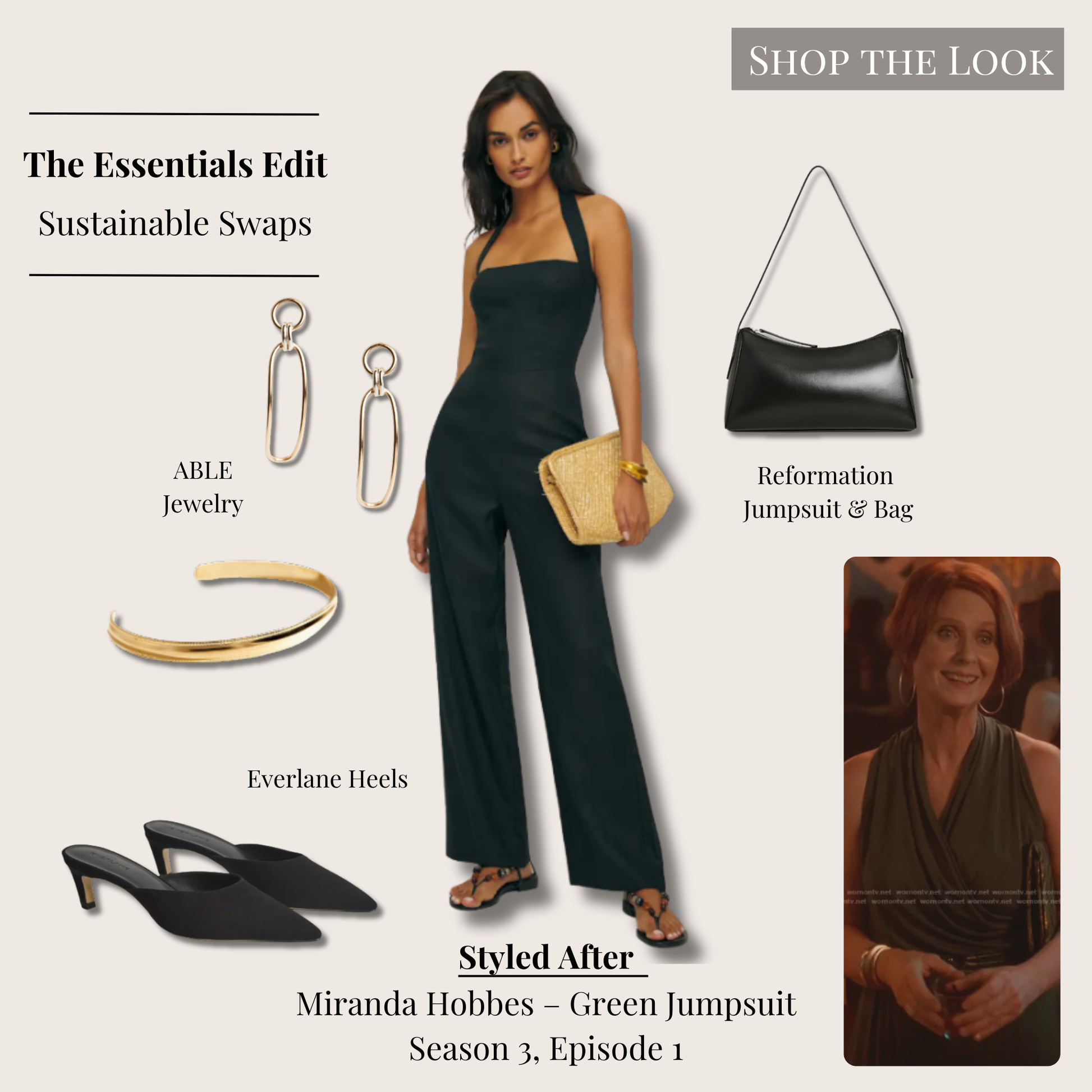 Essentials version of Miranda Hobbes’ jumpsuit look with black linen jumpsuit, black shoulder bag, kitten heels, and gold-silver jewelry.