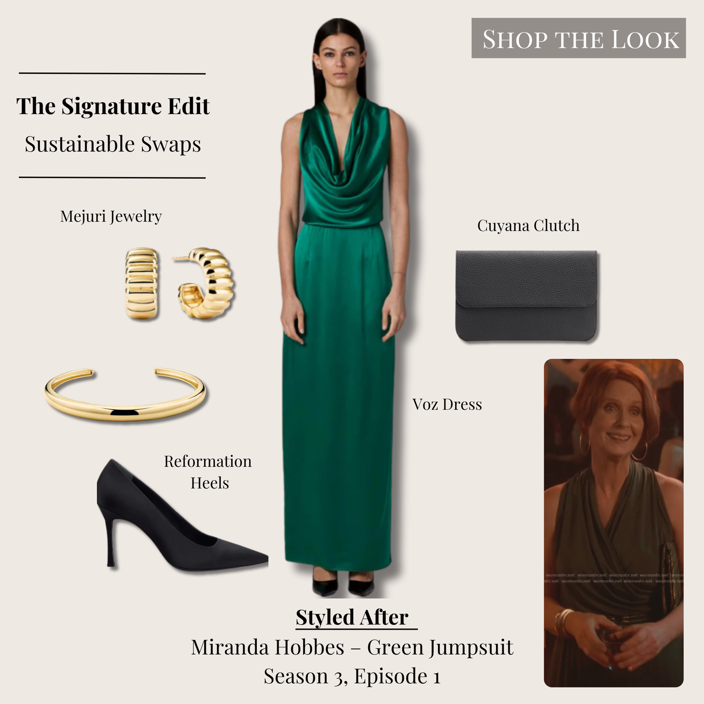 Signature Miranda Hobbes inspired look with emerald green halter-style silhouette dress, black pumps, structured black clutch bag, gold cuff, and bold gold hoops.
