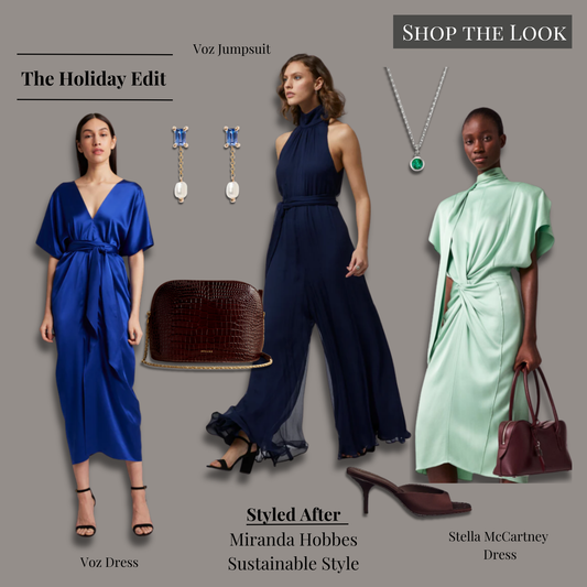 Miranda Hobbes–inspired holiday looks from And Just Like That…, featuring the Voz Sapphire Kaftan Dress, Voz Crinkle Chiffon Palazzo Jumpsuit in navy, Stella McCartney cap-sleeve halterneck twist midi dress in light mint, Mejuri Sia emerald birthstone pendant, Catbird Sapphire and Pearl Shower Earrings, Sézane Victor chocolate crocodile-print bag, and Reformation Clementine café satin heeled mules arranged in a clean, minimalist editorial layout.