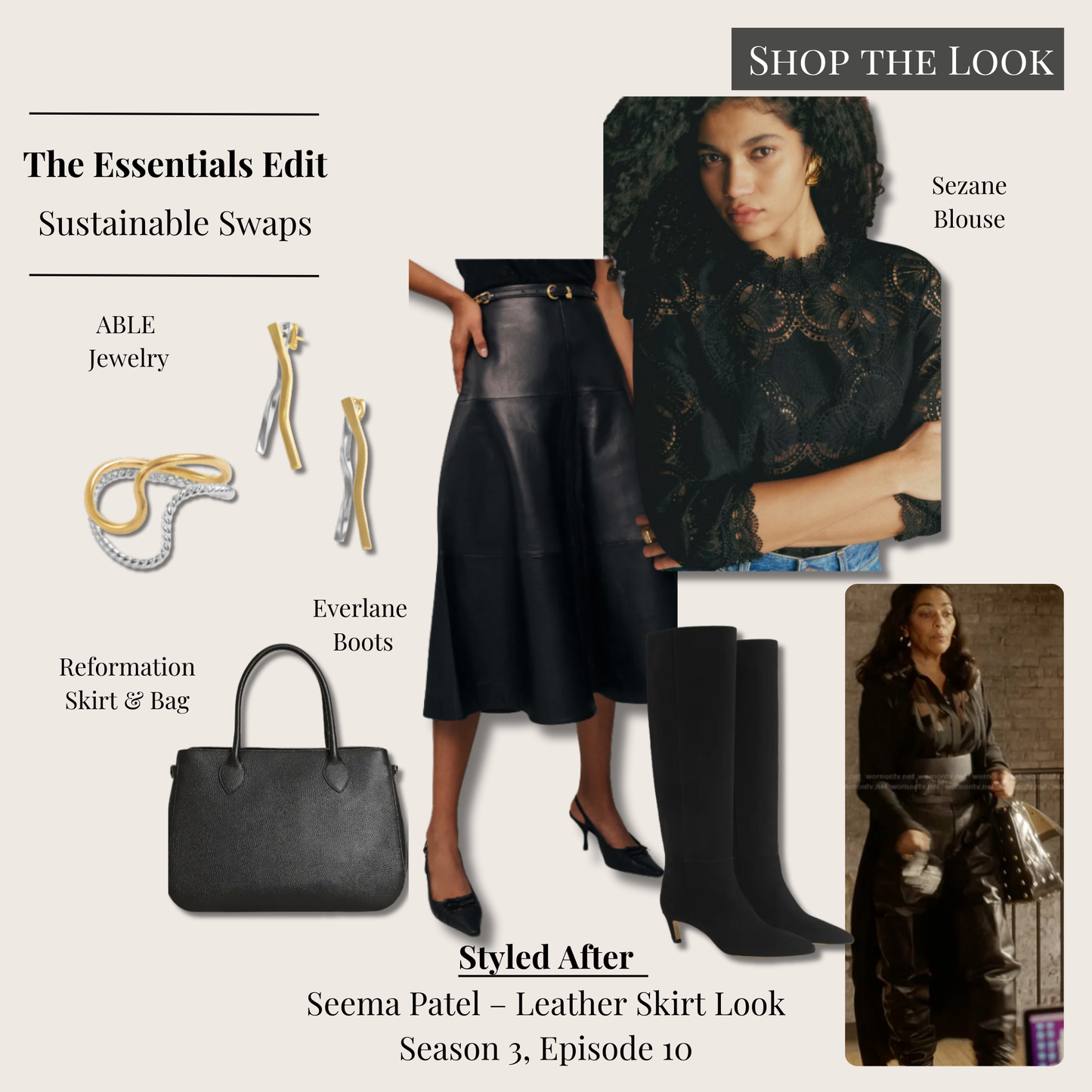 Essentials version of Seema Patel’s leather skirt outfit with black leather skirt, lace blouse, knee-high boots, oversized bag, and mixed-metal jewelry.