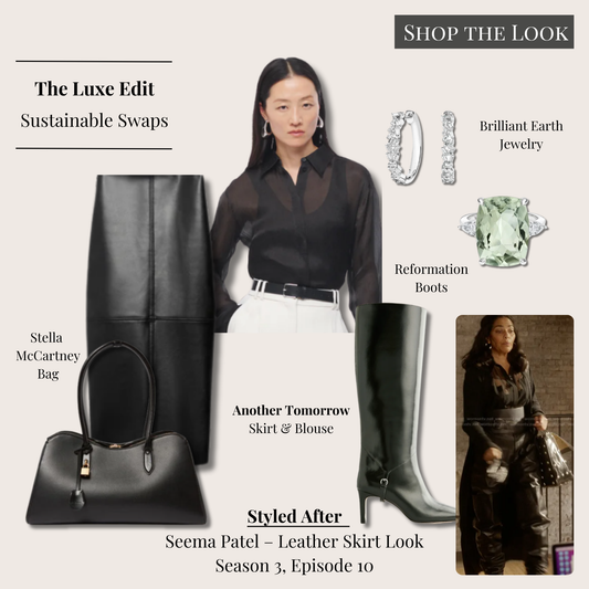Luxe Seema Patel leather skirt outfit with black leather pencil skirt, sheer oversized black shirt, knee-high boots, oversized tote, and diamond jewelry.