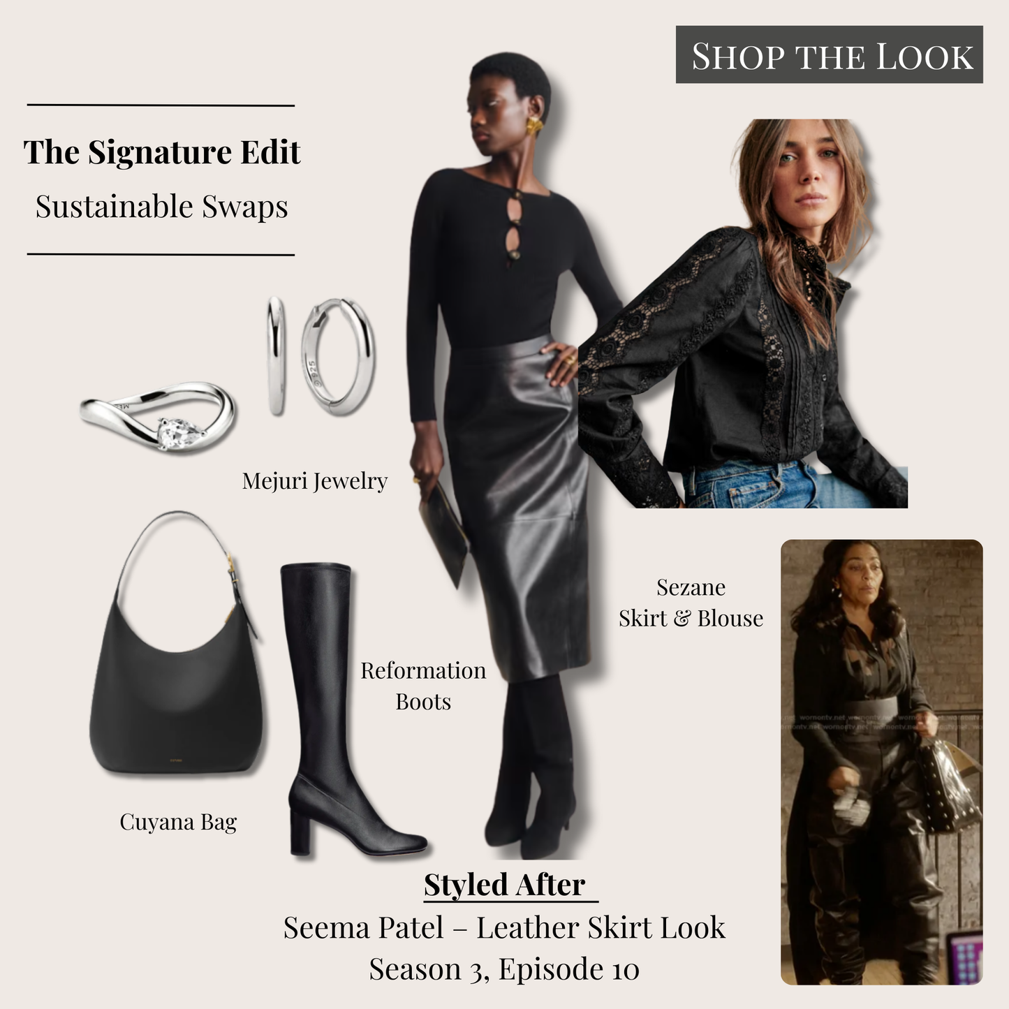 Signature Seema Patel inspired look featuring black leather skirt, black lace blouse, knee-high boots, oversized black bag, and silver jewelry.