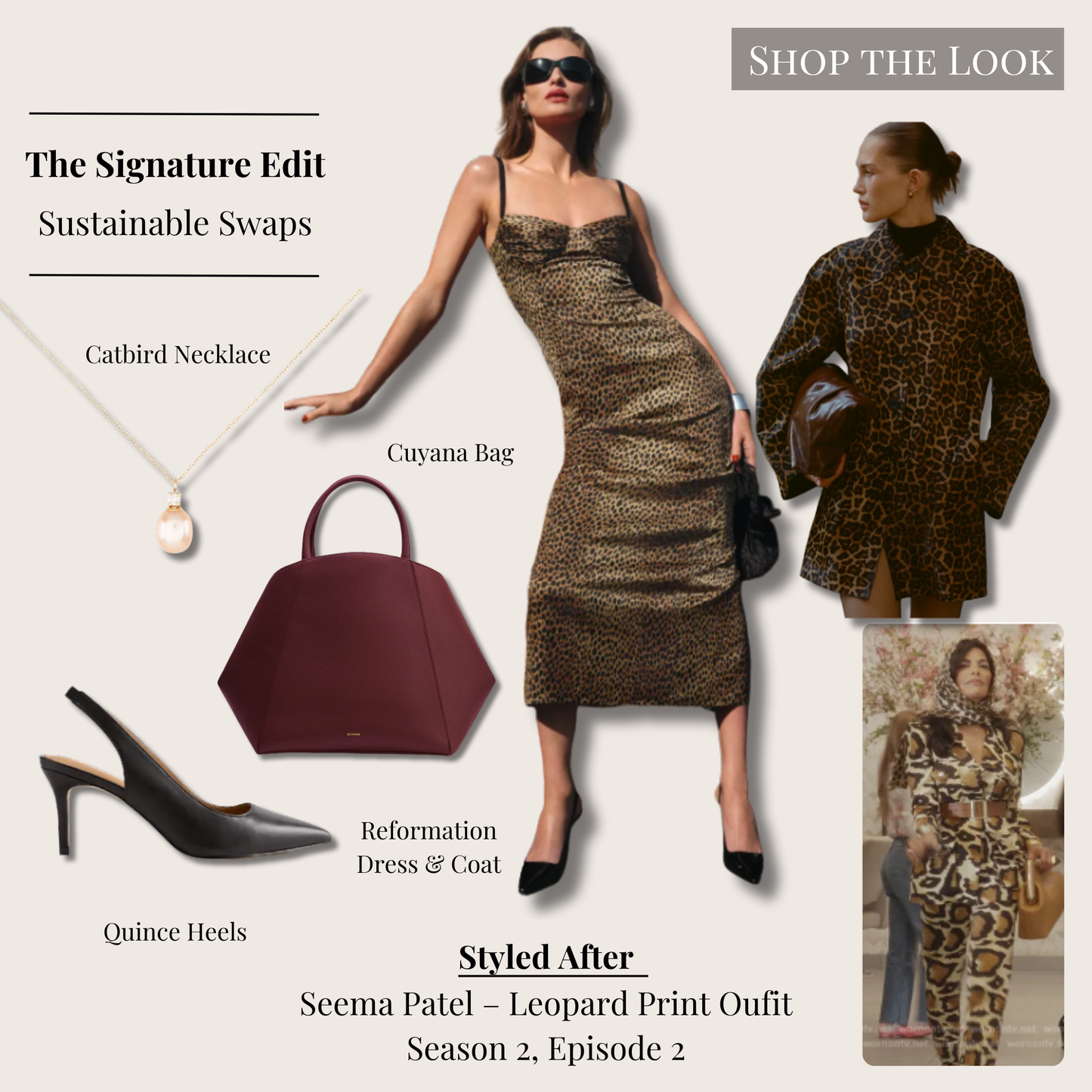Signature recreation of Seema Patel’s leopard print look from And Just Like That…, styled with the Reformation Stormi Satin Leopard Dress, Reformation Veda Celine Leopard Haircalf Jacket, Cuyana Forma Satchel in Cherry, Quince Italian Leather Black Slingback Heels, and the Catbird Pearl and White Diamond Necklace in a polished editorial layout.