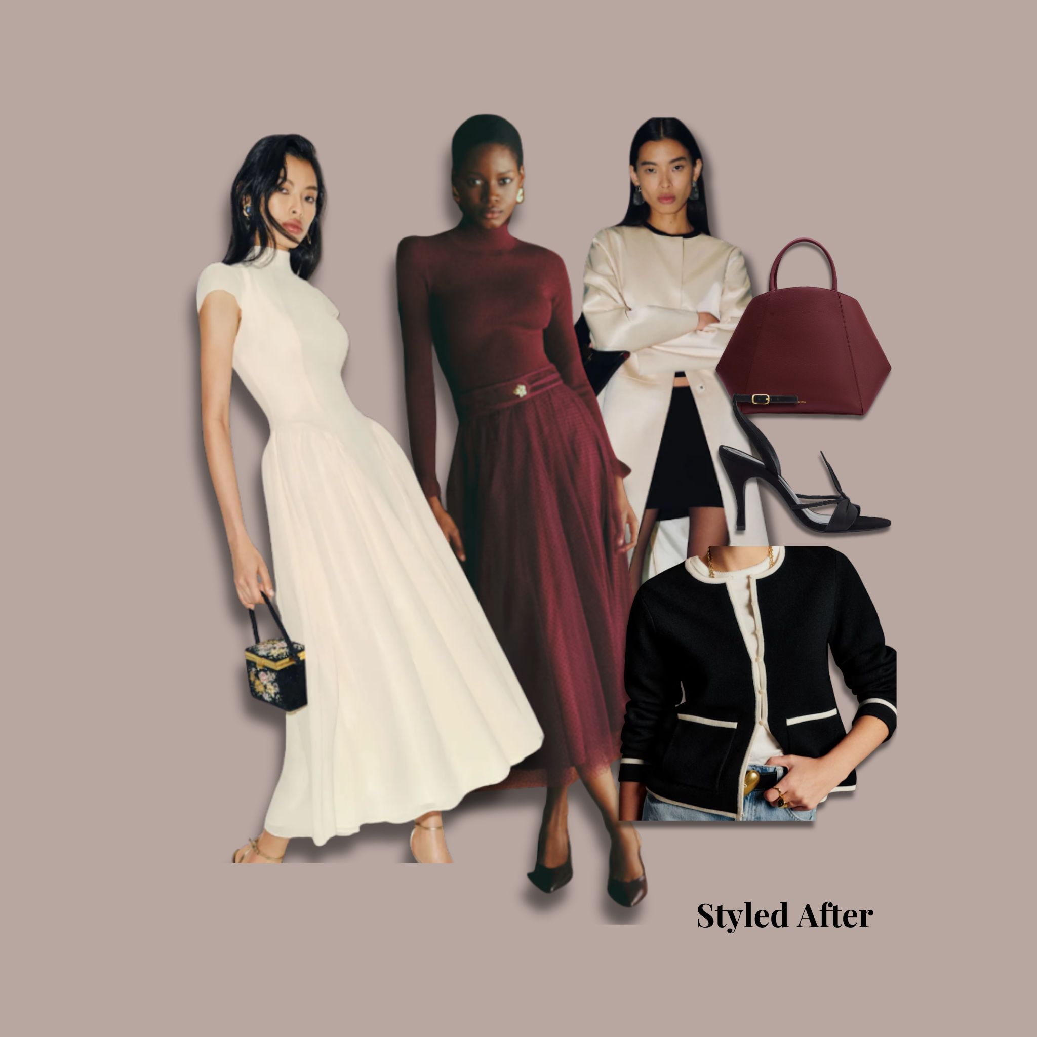 Ivory, burgundy, and black closet staples featuring Reformation, Sezane, and Cuyana, inspired by fashion from And Just Like That, curated by Styled After.